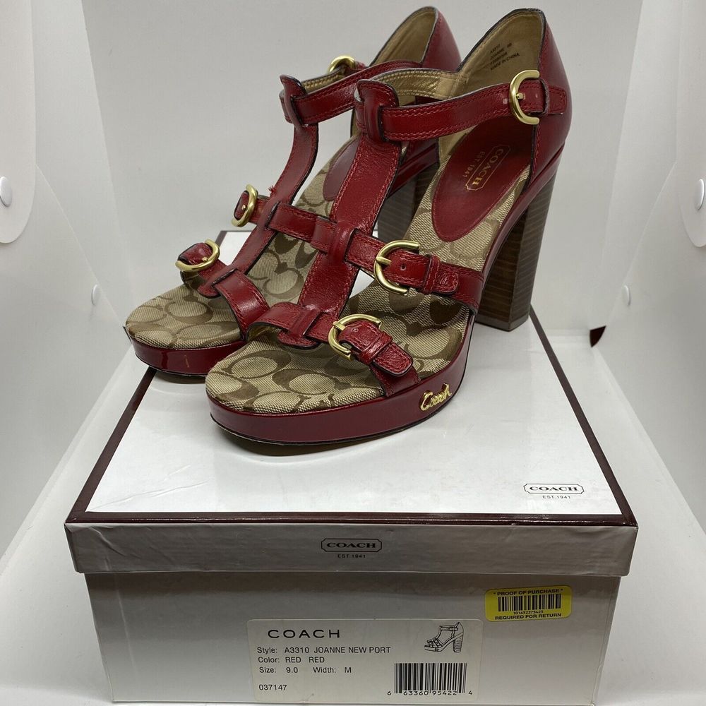 Coach Heels Size 9m Red Pumps Gold Logo Joanne New Port With Box Designer EUC